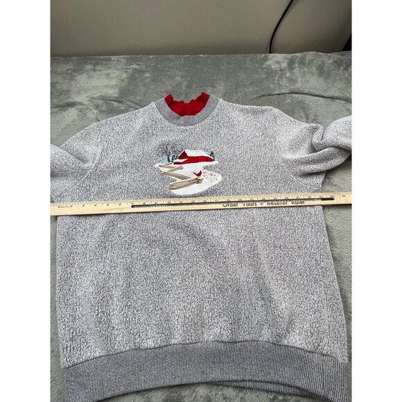 Bon Worth Womens Large Gray Red Sweatshirt Christmas Sweater Barn Snow Bird Tree - Picture 4 of 7